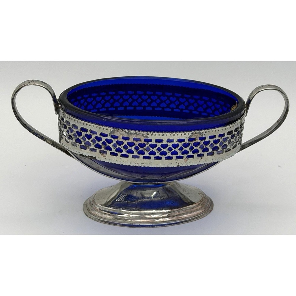 Sugar Bowl England Cobalt Blue Glass w/ Metal Holder Handles New w/ Wear